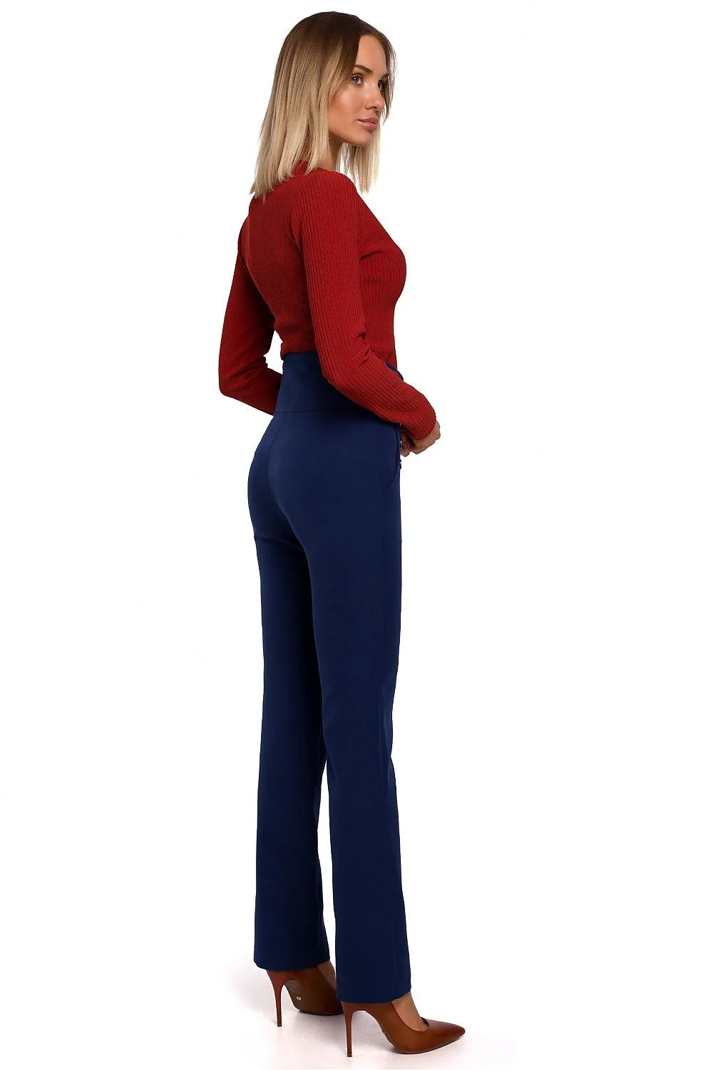 Tenue femme élégante chic en polyester élasthanne pantalons taille haute boutons dorés modernes