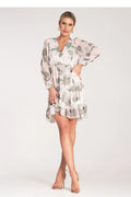 robe élégante florale midi manches longues décolleté V taille empire chiffon léger fluide imprimé vert olive volants asymétriques