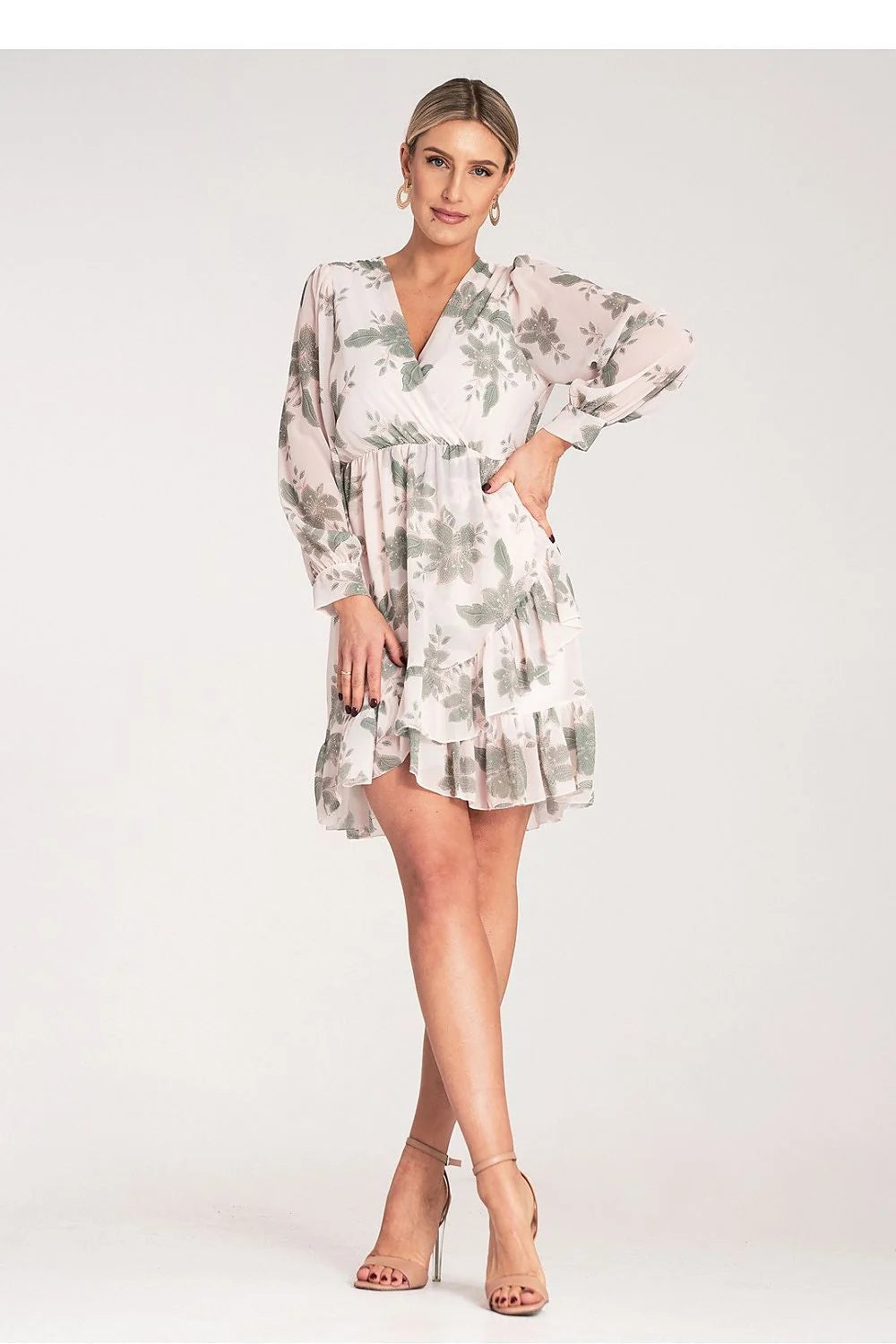 robe élégante florale midi manches longues décolleté V taille empire chiffon léger fluide imprimé vert olive volants asymétriques