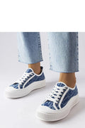 Sneakers femme style casual denim bleu motif blanc semelle blanche plateforme tige basse ajustable confortable mode été
