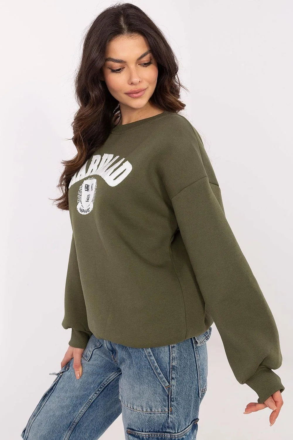 Sweatshirt Harvard femme col rond molleton vert olive manches longues style universitaire