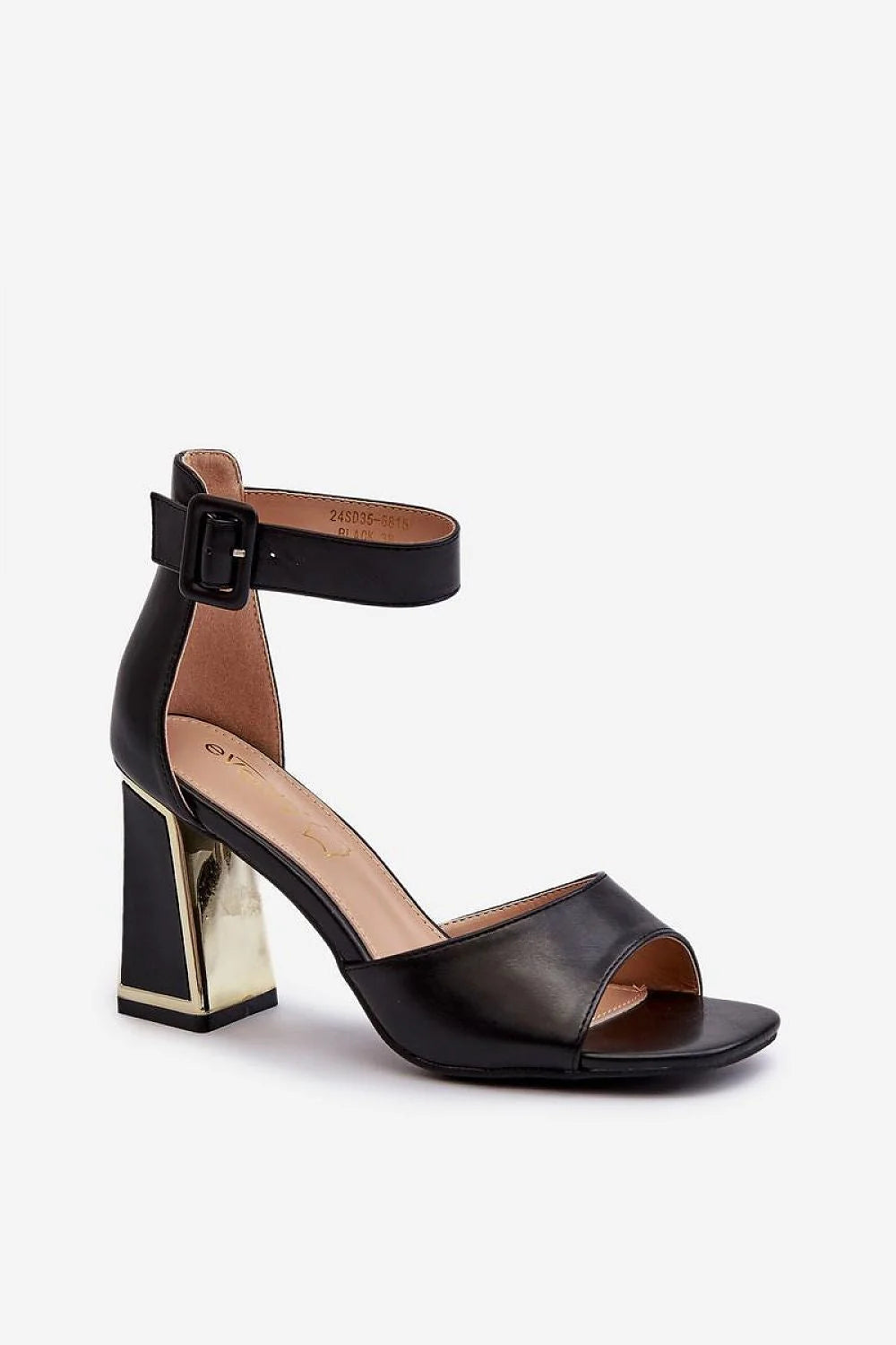 Sandales élégantes à talons carrés cuir artificiel noir doré bride ajustable femmes soirées réceptions talon 8.5 cm