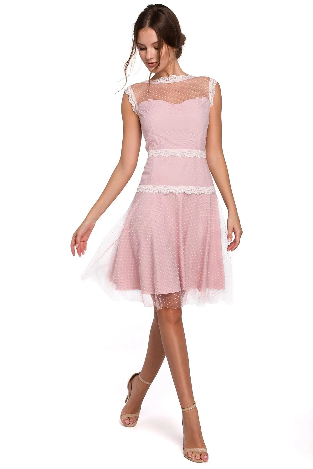 Robe élégante en tulle rose à pois et dentelle blanche romantique pour soirées et mariages