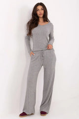 pantalon femme tricot côtelé gris chiné taille haute jambe large confort doux extensible poches latérales cordon viscose élastique
