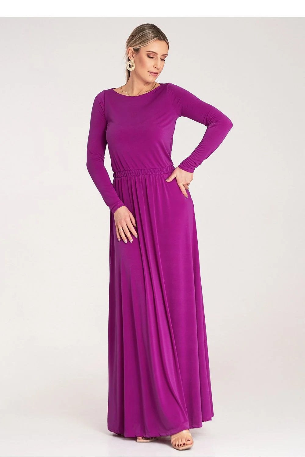 Robe de jour Figl élégante couleur magenta vibrant manches longues tissu fluide taille élastiquée pour femme