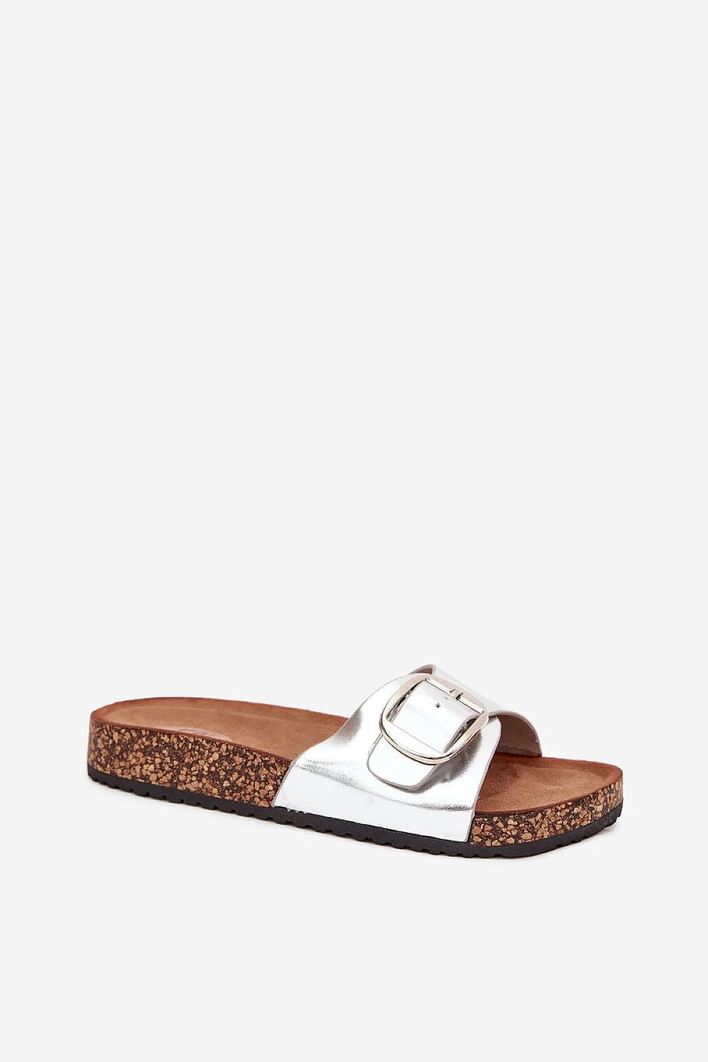 sandales femme simili cuir écologique plateforme liège anatomique suédée bride réglable large boucle métal argenté bout ouvert crantée