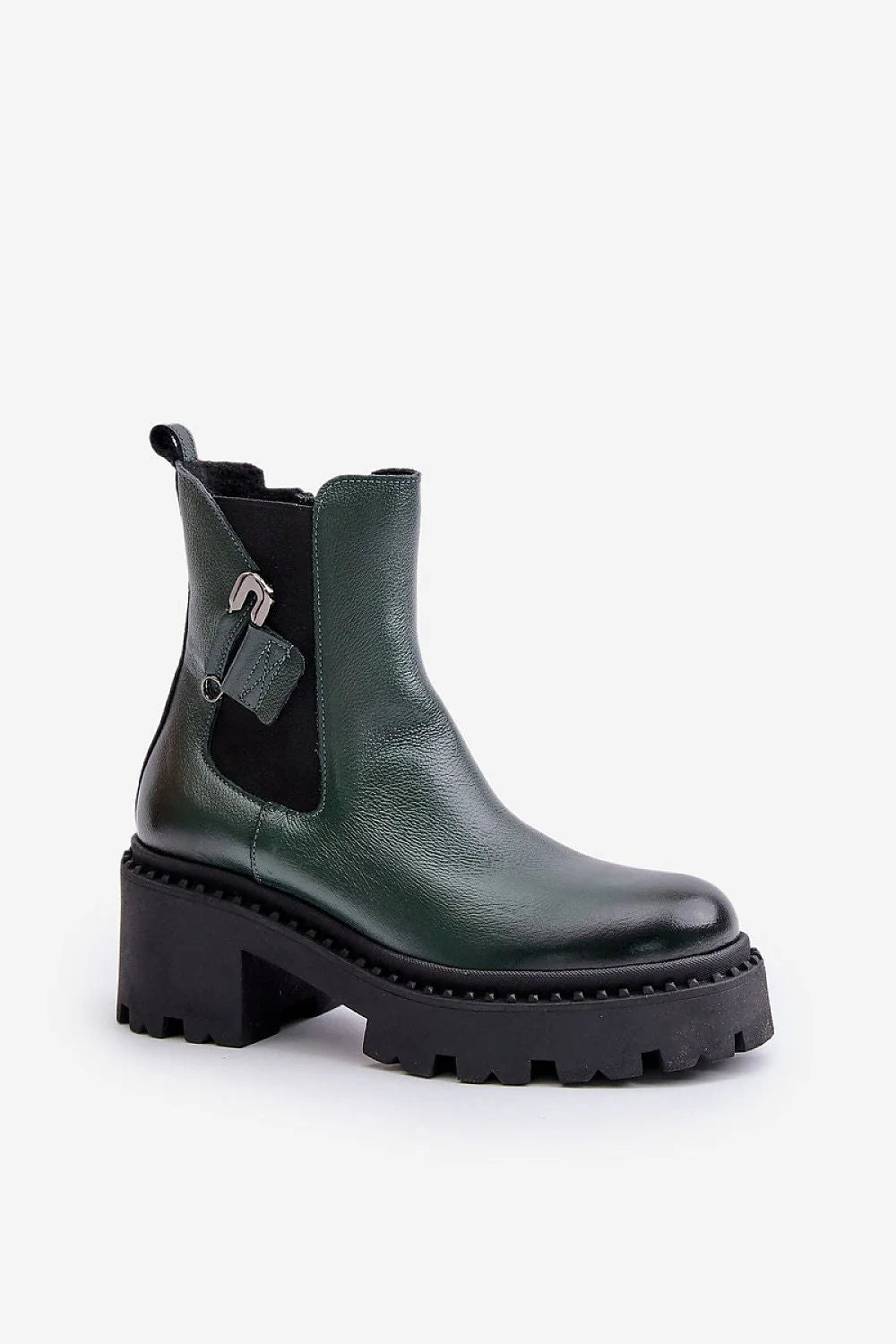 Bottines Chelsea en cuir vert foncé style robuste et chic fermeture éclair talon massif femme