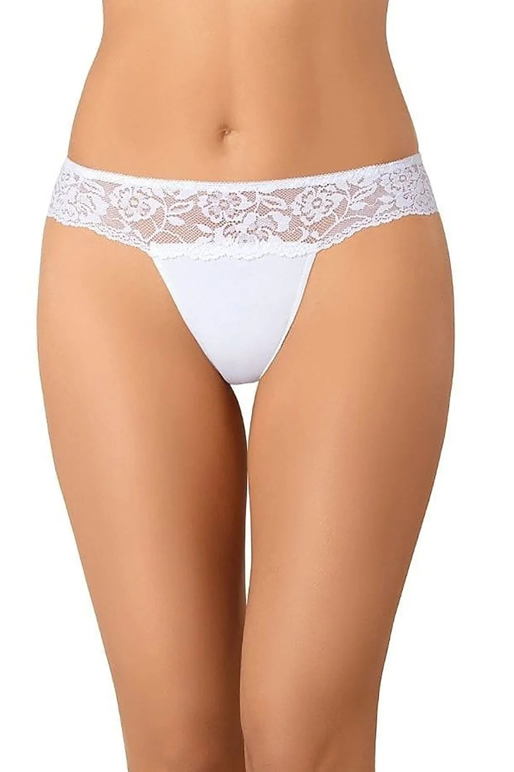 Strings Teyli en dentelle et maille, coton doublé, ceinture élastique, style triangle et bande fine, blanc pur pour femme