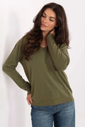 pull femme colV maille fine kaki olive manches longues bords côtes ourlet coupe ajustée viscose modal élasthanne polyamide
