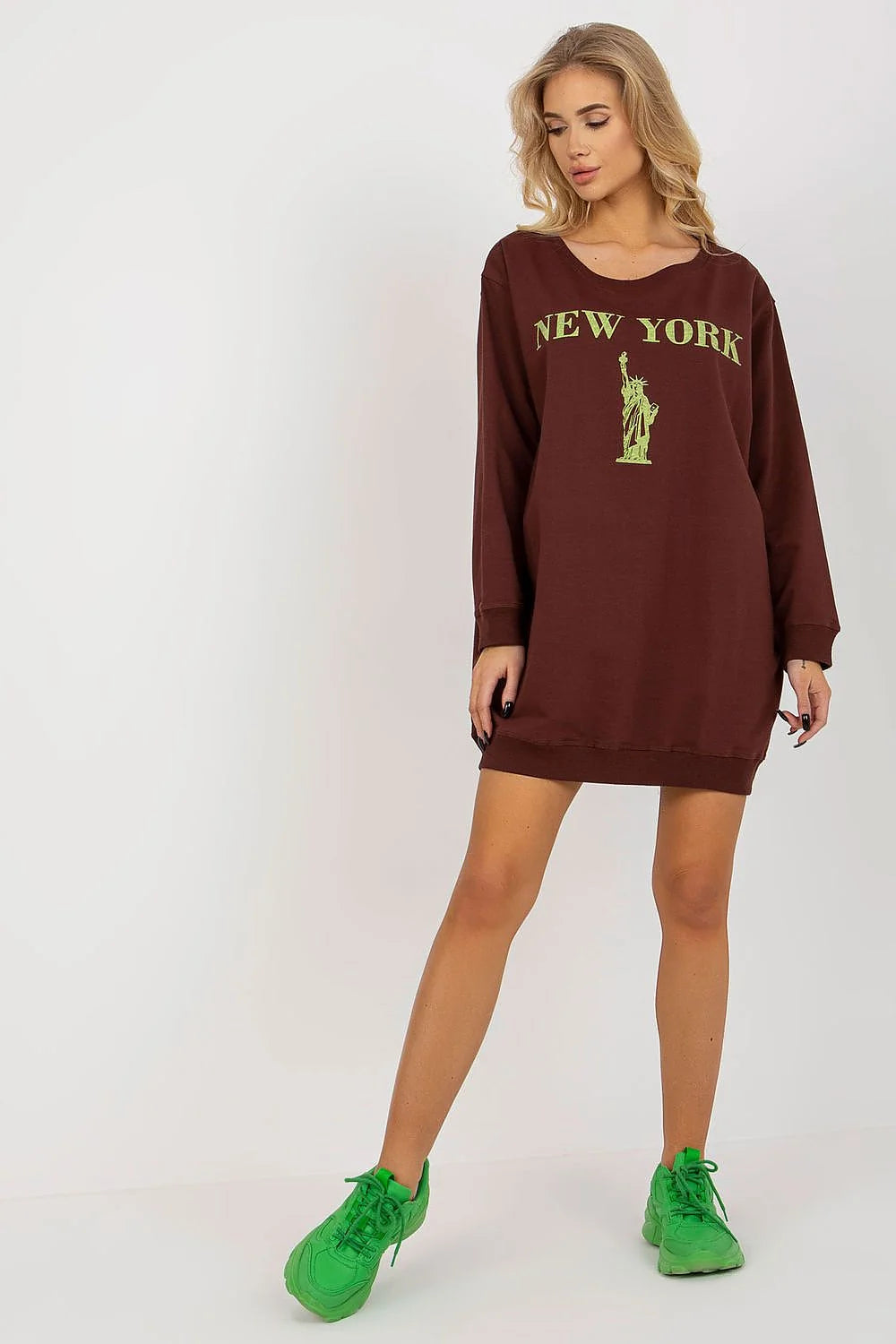 Sweatshirt Oversize Femme Casual Design New York Coton Polyester Élasthanne Droit Ample Longues Manches Genou Longueur