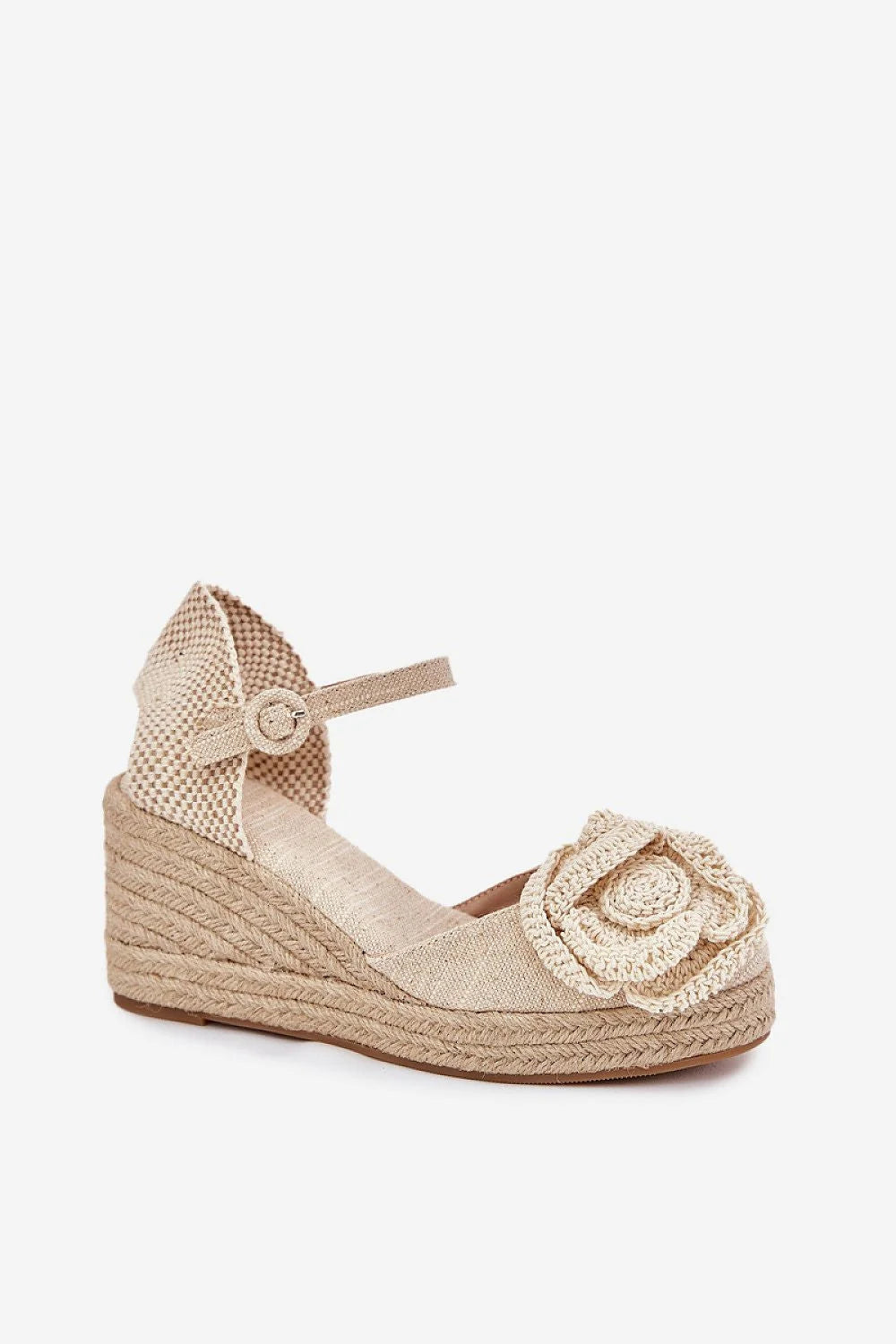 Sandales compensées espadrilles design floral tissu beige ajustables cheville fleur tressé talon 8cm femmes été printemps