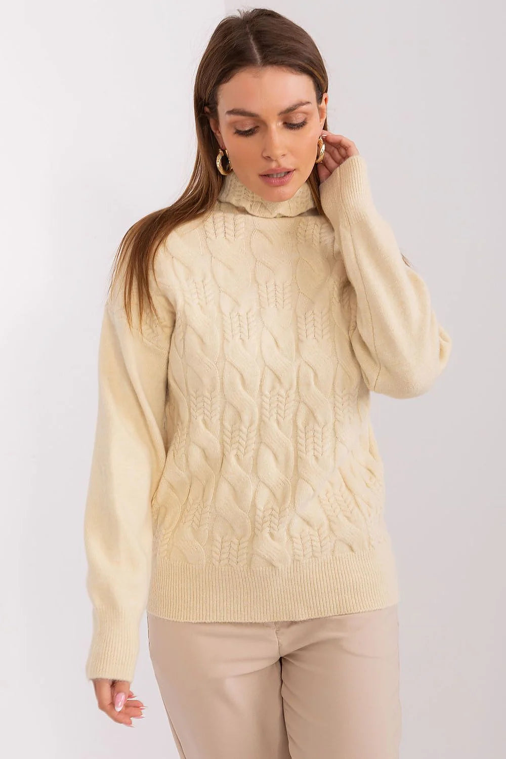 pull femme tricoté torsadé col roulé beige crème maille douce chaude douillet manches longues coupe droite bords côtes