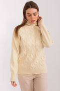 pull femme tricoté torsadé col roulé beige crème maille douce chaude douillet manches longues coupe droite bords côtes