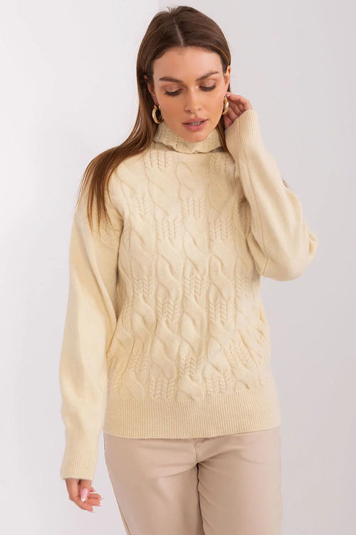 pull femme tricoté torsadé col roulé beige crème maille douce chaude douillet manches longues coupe droite bords côtes