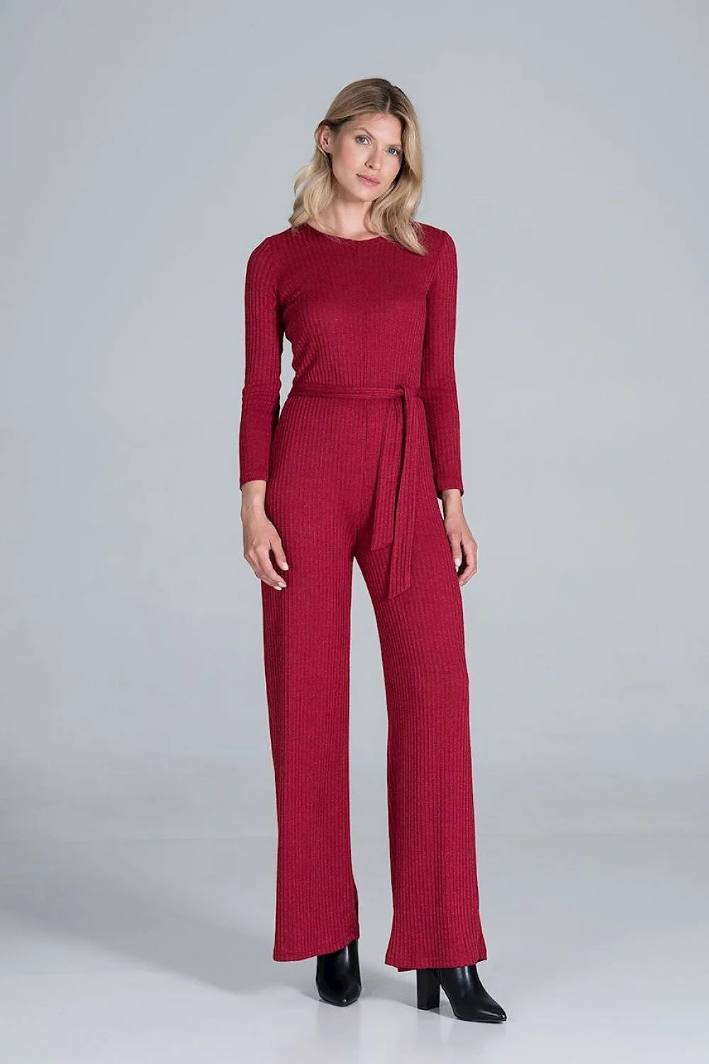 Combinaison élégante maille côtelée bordeaux moderne ajustable manches longues jambes larges ceinture assortie femme