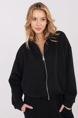 sweatshirt femme zippée oversize noir bomber décontracté scuba molleton épais stretch manches tombantes poches passepoilées base élastiquée col montant