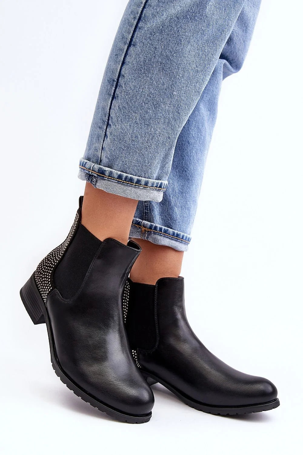 Bottines femmes style Chelsea tige basse cuir artificiel élastique clous métalliques comfort talon renforcé bottes cheville noires
