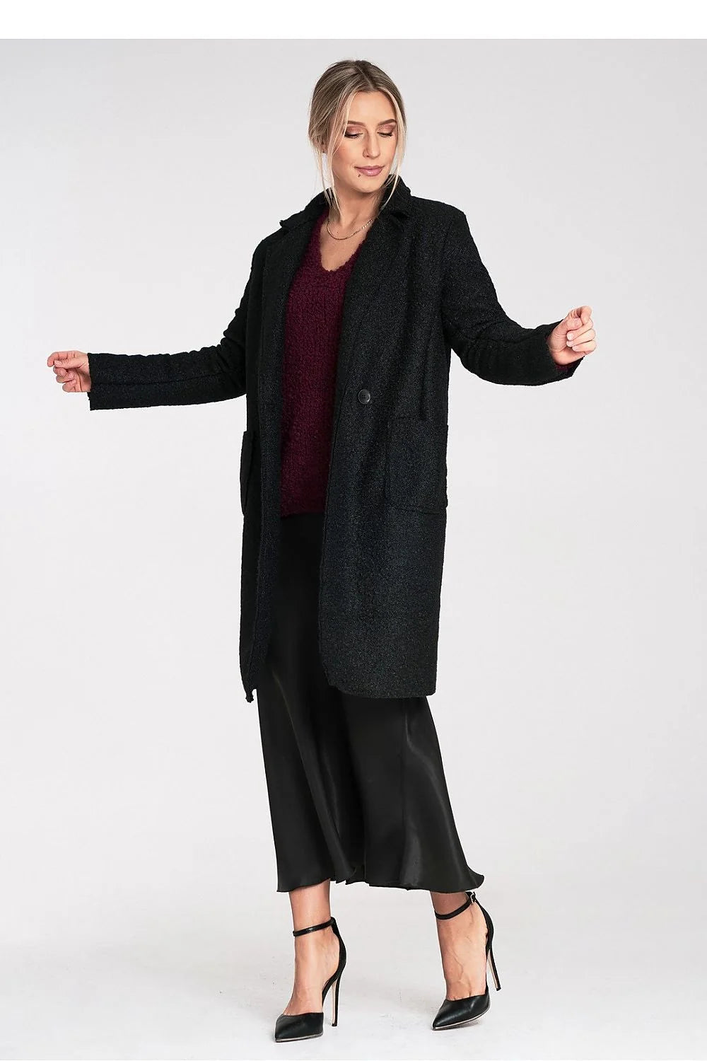 manteau femme long hiver coupe droite oversize texturé bouclé noir col revers fermeture boutonnée poches plaquées manches longues mi mollet