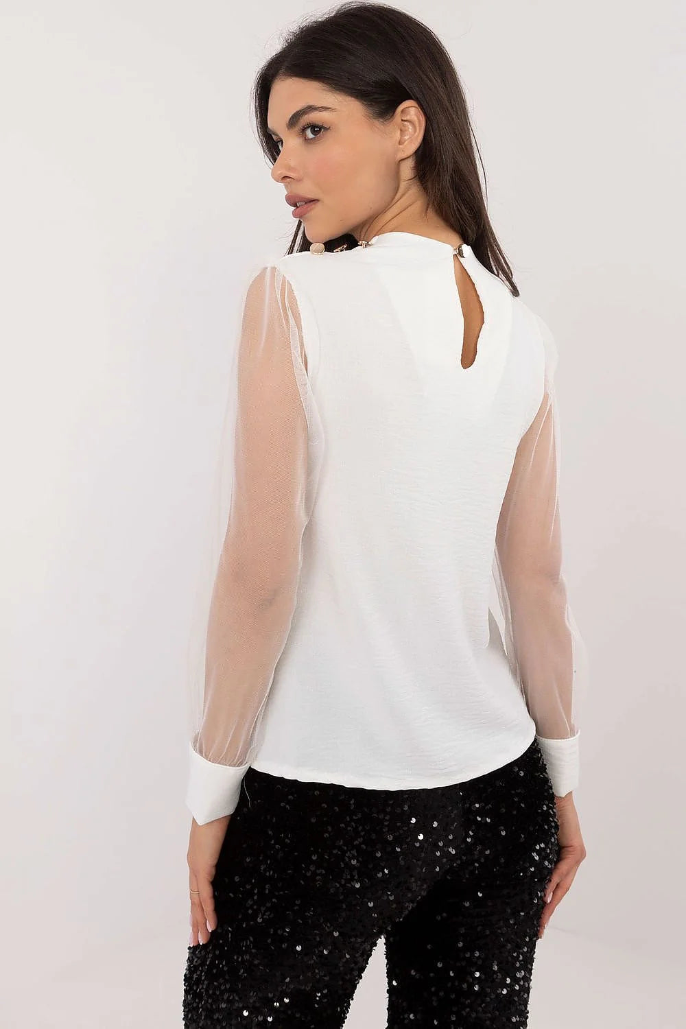 Haut et pantalon pour femme élégant moderne couleur blanche et noire sequins maille transparente ajusté femmes occasion spéciale