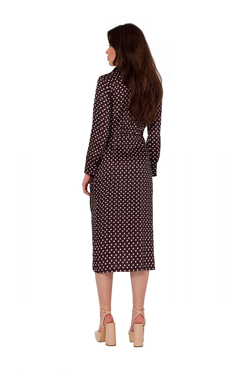 Robe de cocktail élégante Makover couleur marron foncé pois blancs manches longues encolure en V silhouette ajustée femme