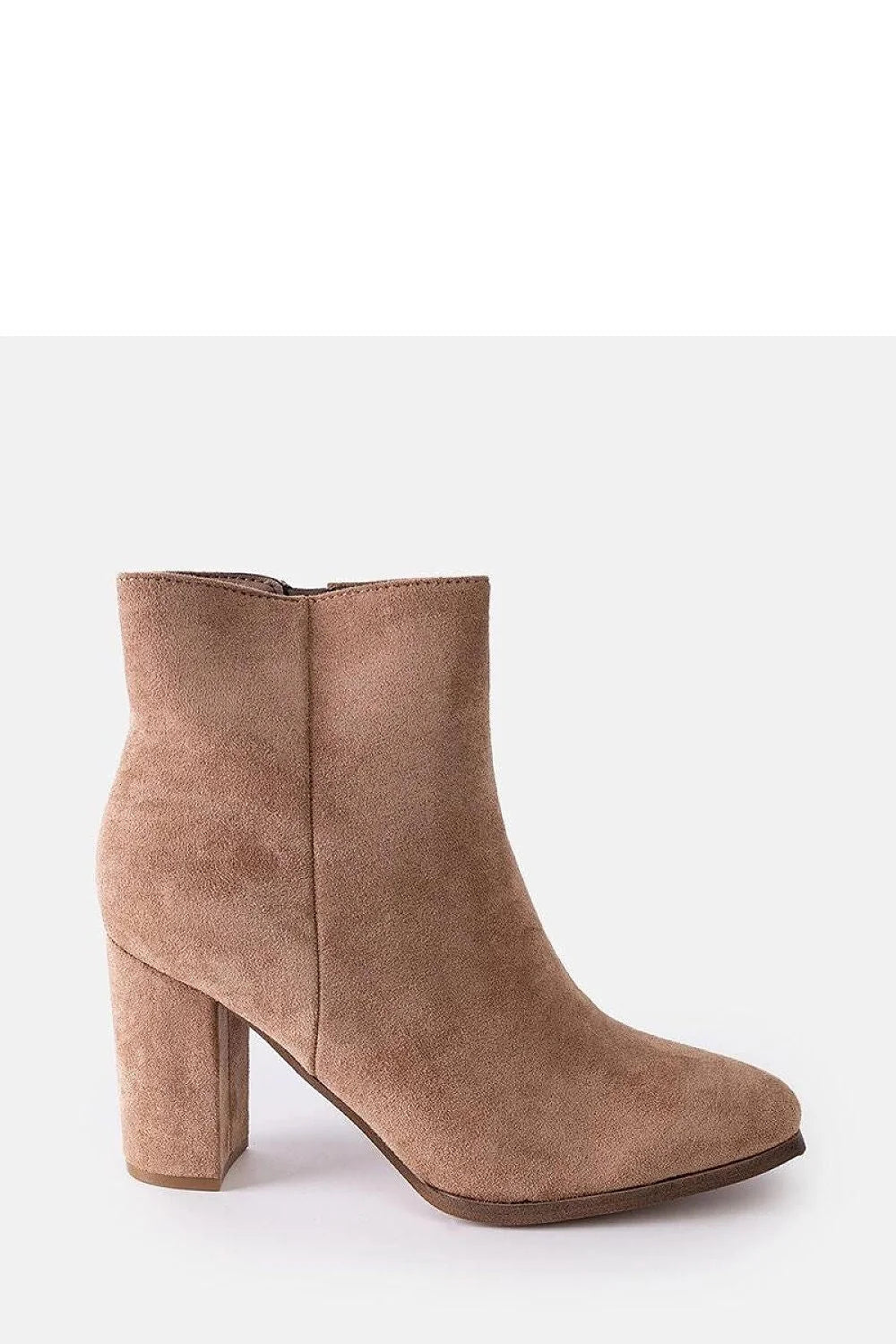 Bottines femmes daim beige talon carré style minimaliste coupe ajustée fermure glissante intérieur doublé