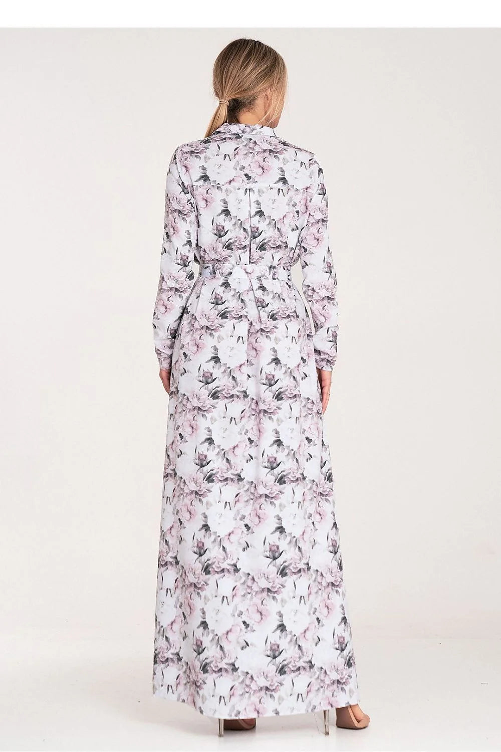 robe longue fluide chemise imprimé floral rose poudré blanc gris col chemisier manches longues ceinture nouée fente latérale élégante féminine