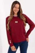 sweatshirt femme col rond manches longues coupe droite côtelées bordeaux molleton doux coton polyester patch poitrine broderie lapin