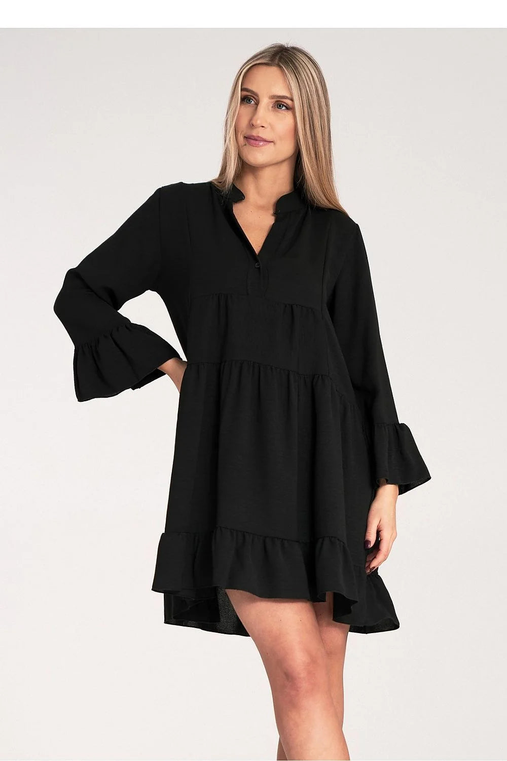 robe jour élégante fluide volants col V manches longues femme noire polyester élasthanne babydoll ample courte genou asymétrique texturé confortable
