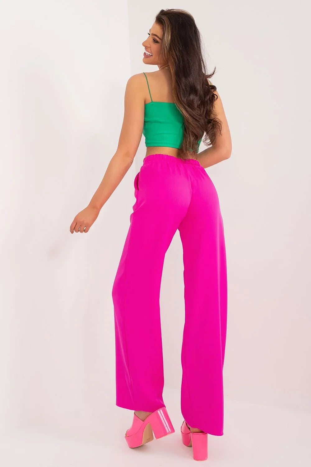 Pantalon femme Rue Paris haut bandeau vert vif pantalon rose fuchsia jambes larges taille haute
