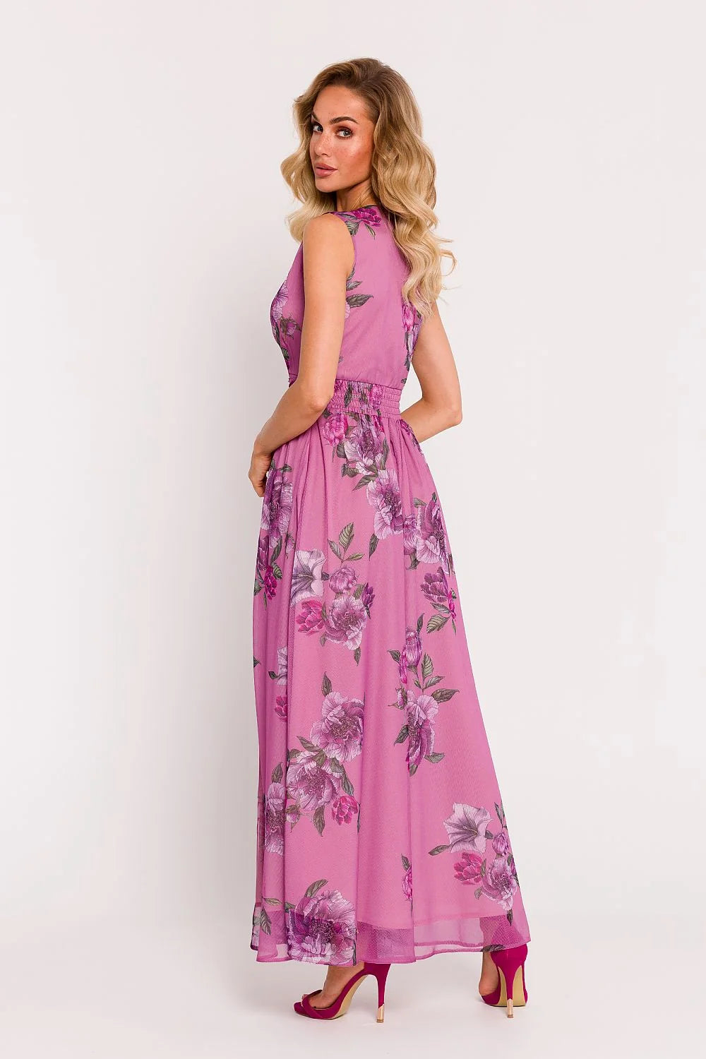 robe longue élégante jour sans manches décolleté V taille cintrée ceinture intégrée soie mousseline légère fluide mauve floral