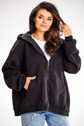 sweatshirt zippé capuche oversize noir molleton coton élasthanne poches kangourou manches bouffantes bordcôte doublure chaude coupe ample streetwear