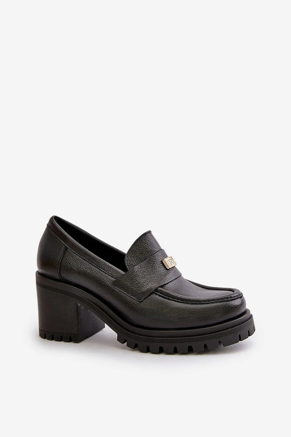 Chaussures pour femmes élégantes mocassins modernes talon bloc cuir noir détails métalliques dorés comfort femmes