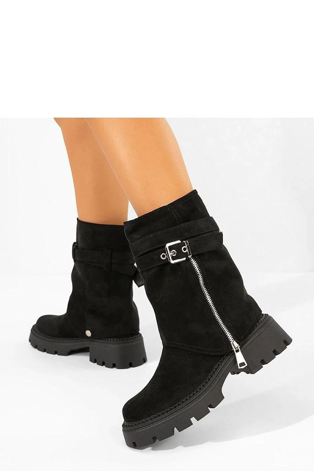 Bottines Edna Gemre Femme Noires Cuir Suédé Écologique Mi Mollet Talon Stable Plateforme Crantée Fermeture Éclair Argentée Réglable