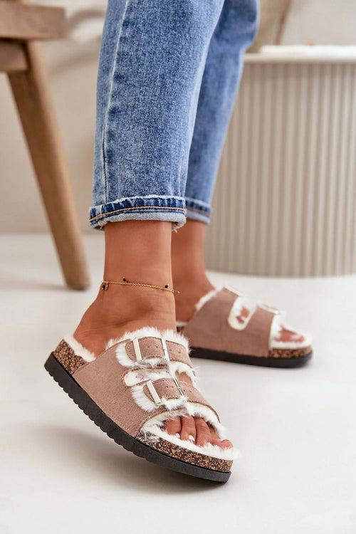 sandales ouvertes femmes cuir écologique suédine beige rosé fourrure douce semelle ergonomique liège EVA antidérapante brides réglables boucles métalliques