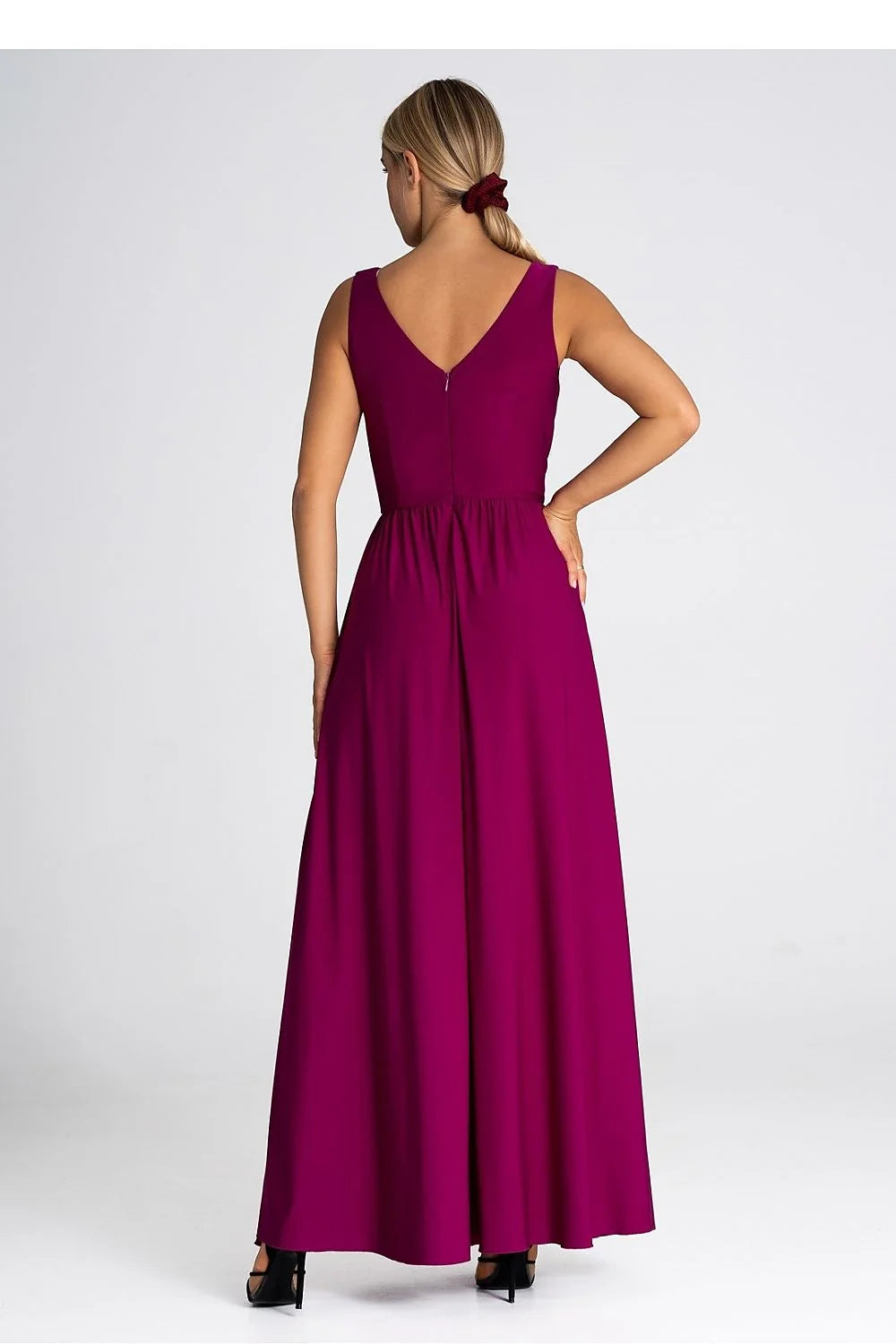 Robe longue élégante sans manches décolleté V croisé magenta profond polyester élasthanne ajustée jupe évasée femmes occasion spéciale
