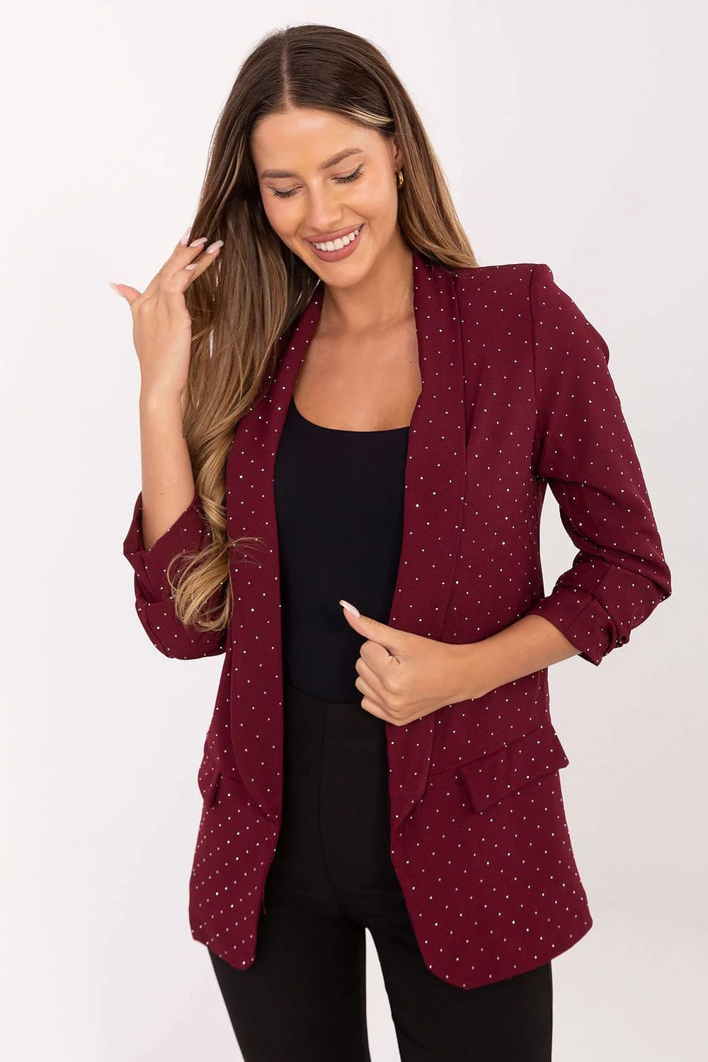 blazer longline bordeaux micropois paillettes viscose polyester doublée ouvert épaulettes structurée col châle manches troisquarts plis délicats poches rabats