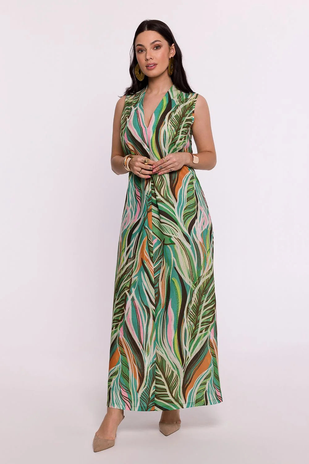 Robe de jour Be Wear longue sans manches col V profond imprimé feuilles nature palette vives coton viscose fluidité été