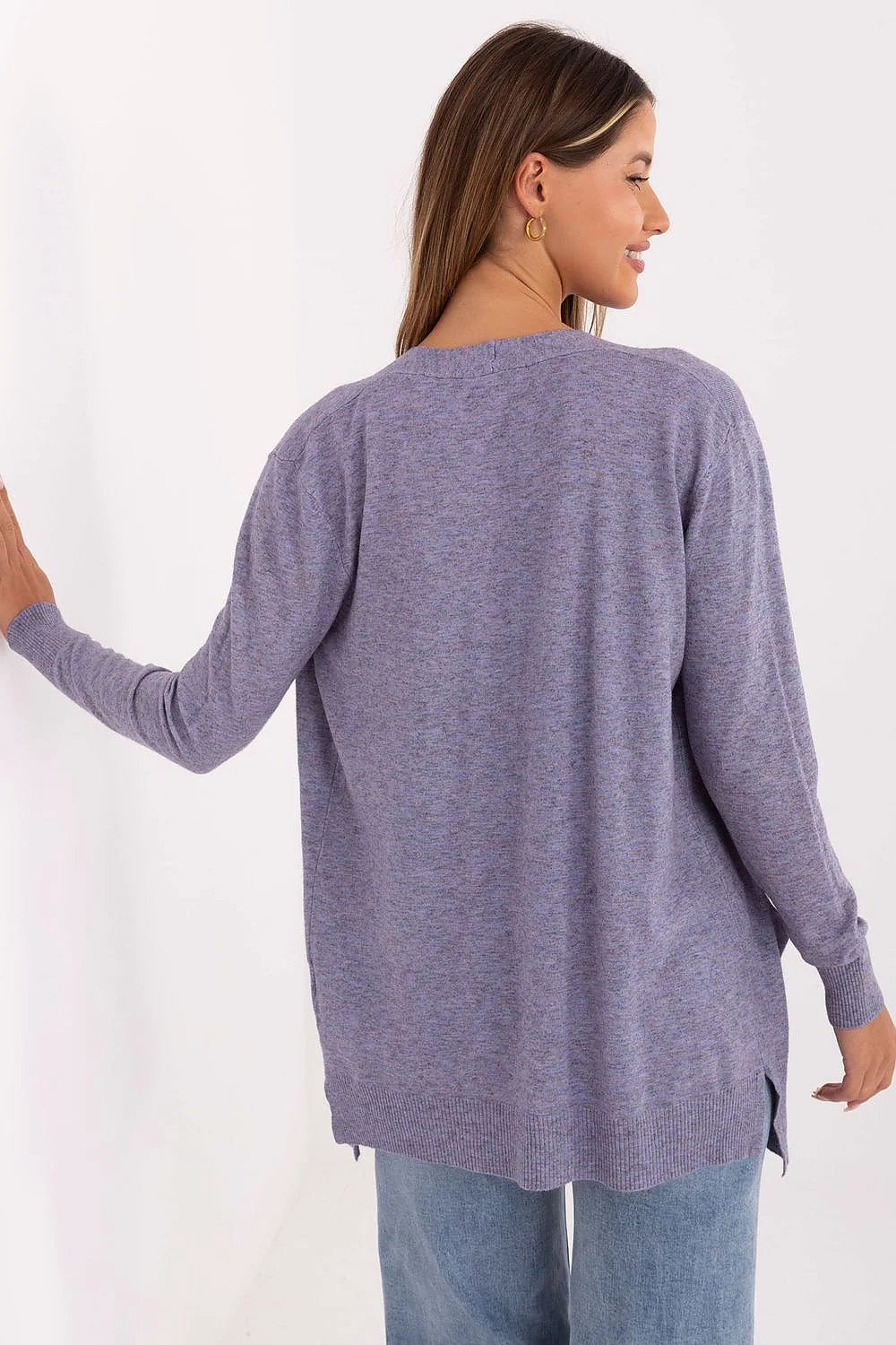cardigan femme gilet ouvert maille fine chinée lilas violet coupe relaxed manches longues bords côtelés poches plaquées léger fluide confortable