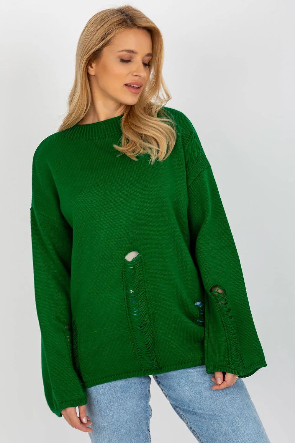 Pull femme style moderne décontracté motif lacéré vert émeraude coupe ample matériau doux élégance urbaine