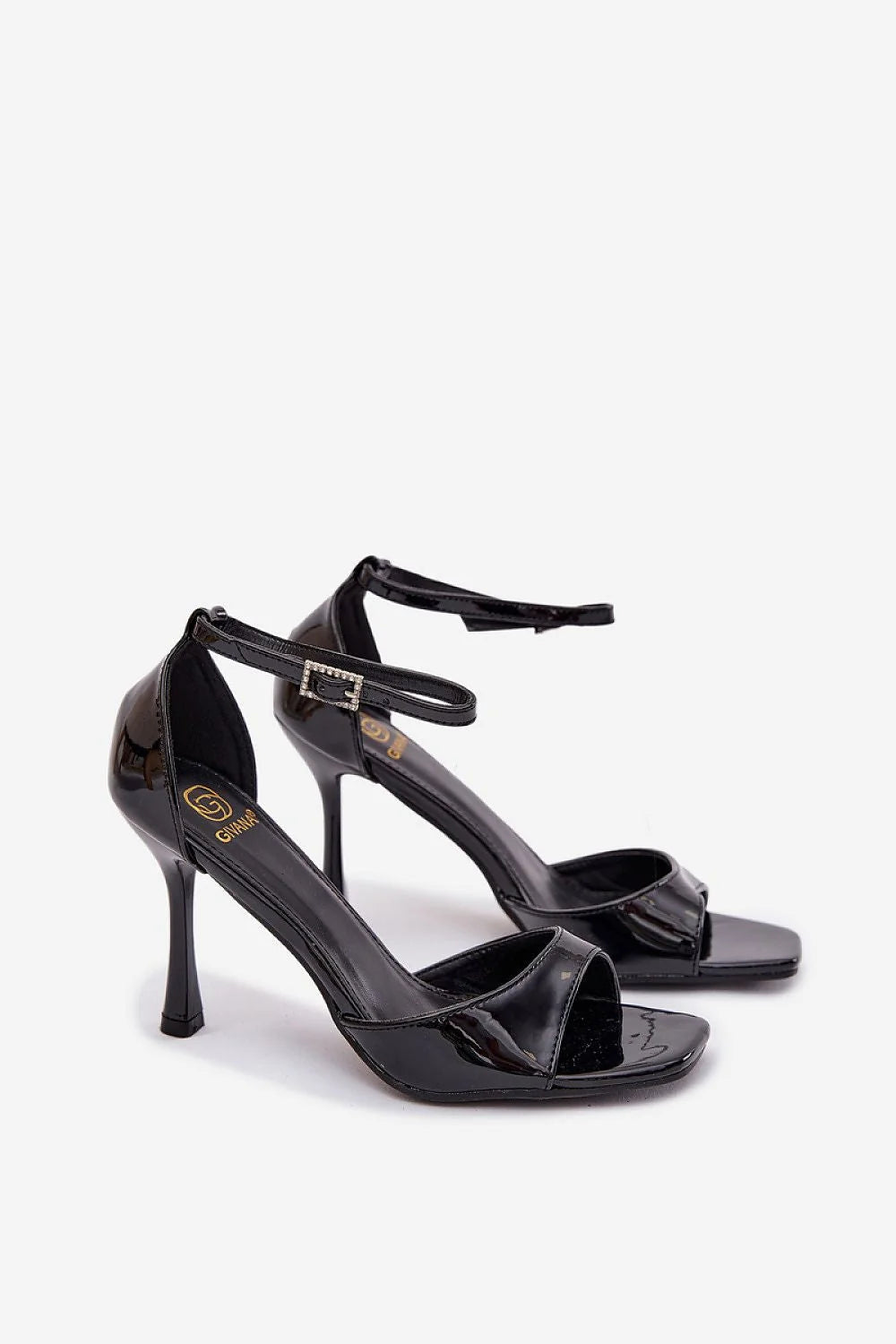 sandales talon aiguille simili cuir verni noir bride cheville réglable boucle strass large empeigne ouverte élégante soirée habillée silhouette allongeante