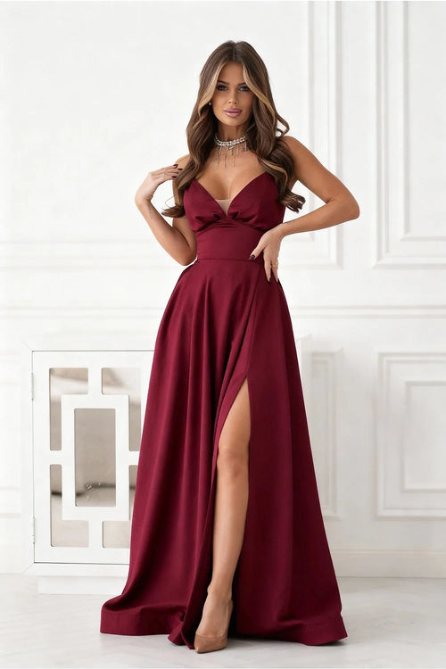 robe longue soirée bordeaux merlot fluide structuré bustier décolleté plongeant bretelles fines taille marquée jupe évasée fente latérale