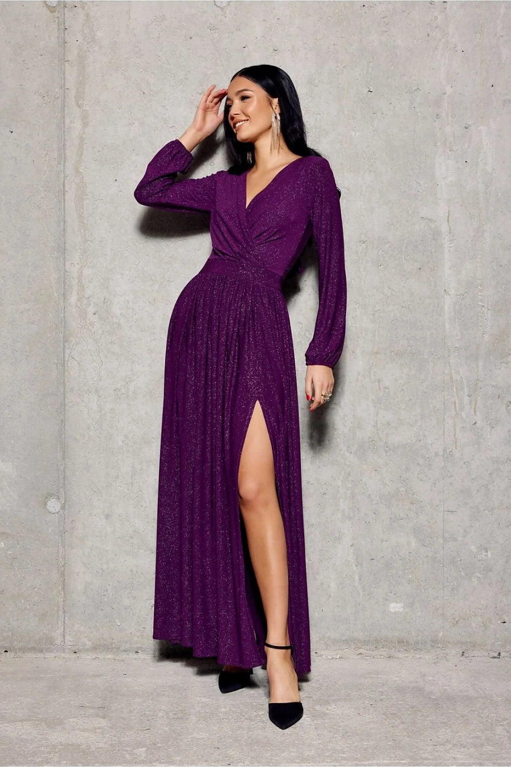 Robe longue élégante pour soirée en tissu scintillant V-décolleté manches longues ceinture ajustable couleur pourpre femme