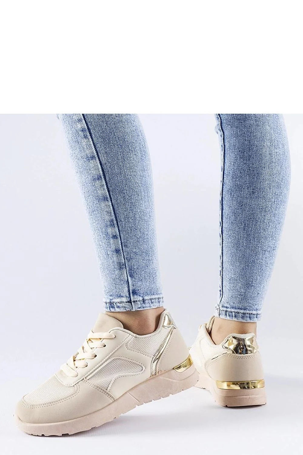 Baskets pour femmes modernes élégantes basse en cuir synthétique mesh beige doré confort style quotidien décontracté habillé