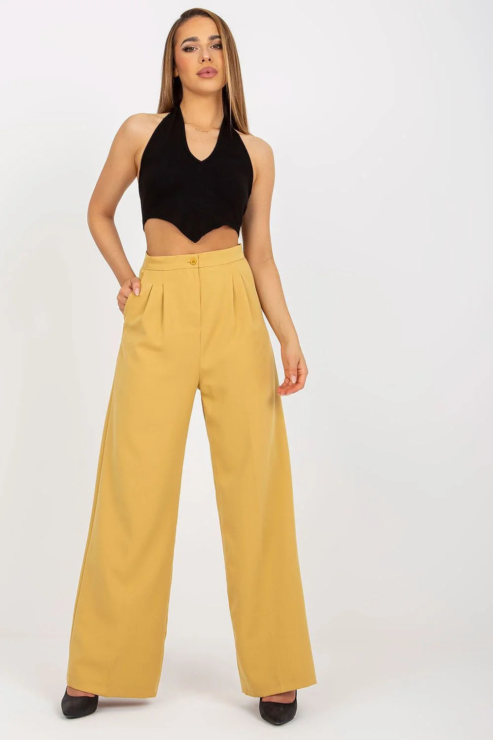 pantalon long femme taille haute palazzo moutarde coupe large fluide plis bouton zip poches latérales polyester viscose élégant polyvalent