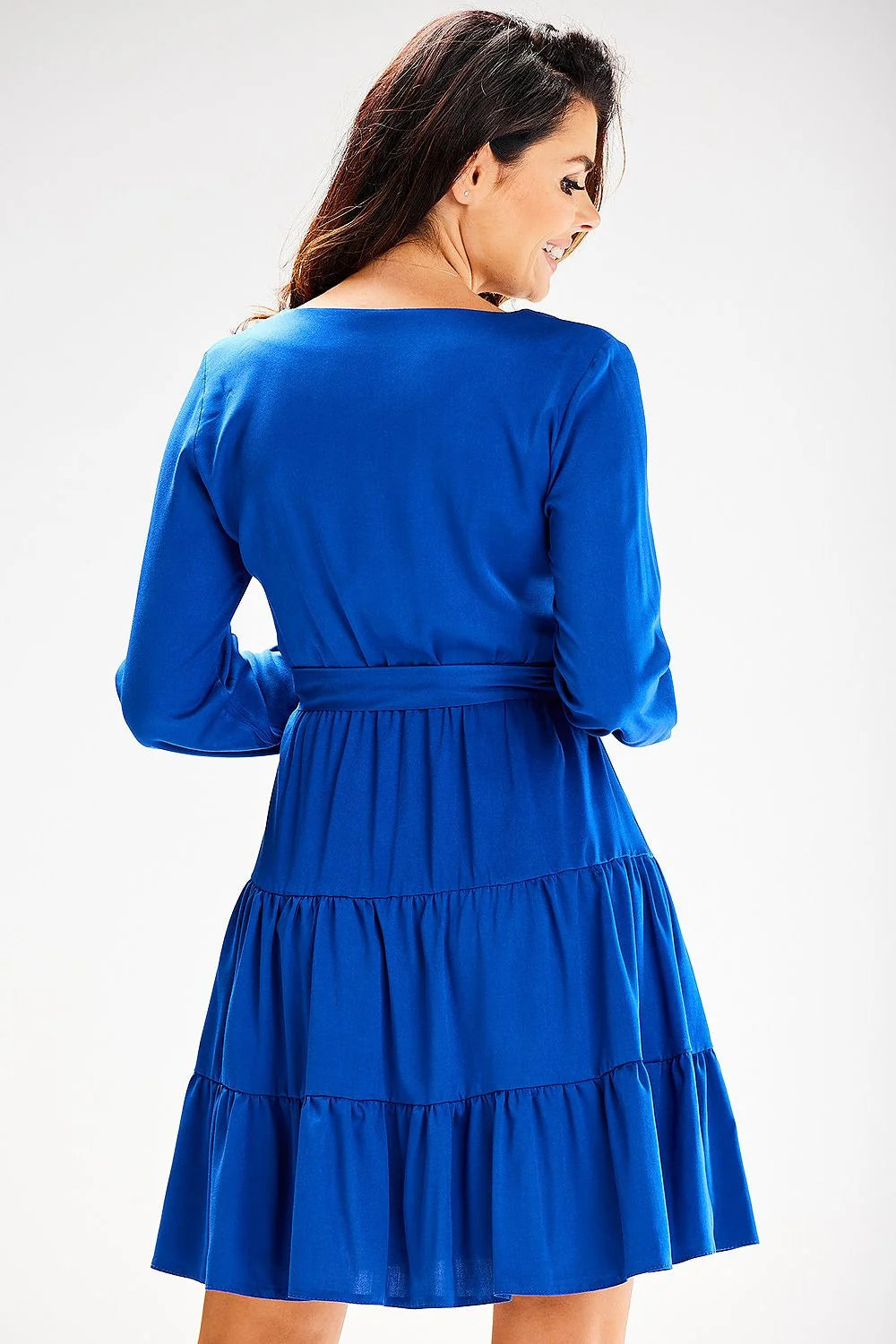 Robe de jour awama bleu vif manches longues col V ceinture ajustable tissu viscosé elasthane femmes robes mode occasionnels