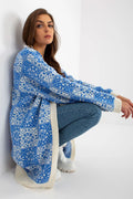 Cardigan Rue Paris Femme en Laine et Acrylique, Design Moderne, Coupe Longue, Tons Bleu et Blanc, Automne-Hiver