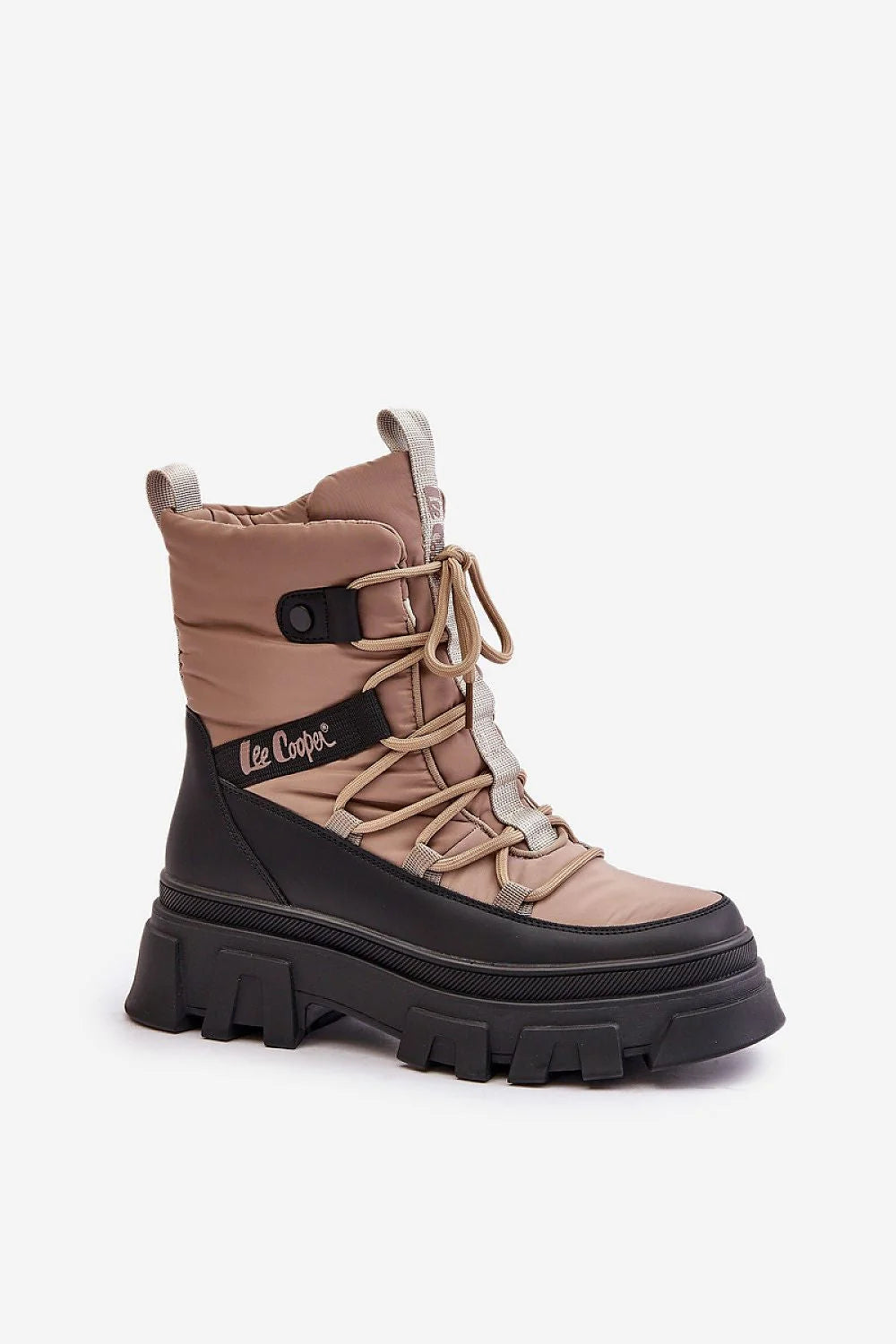 Bottines de neige pour femmes style moderne urbain beige et noir cuir et textile doublure chaude semelle antidérapante