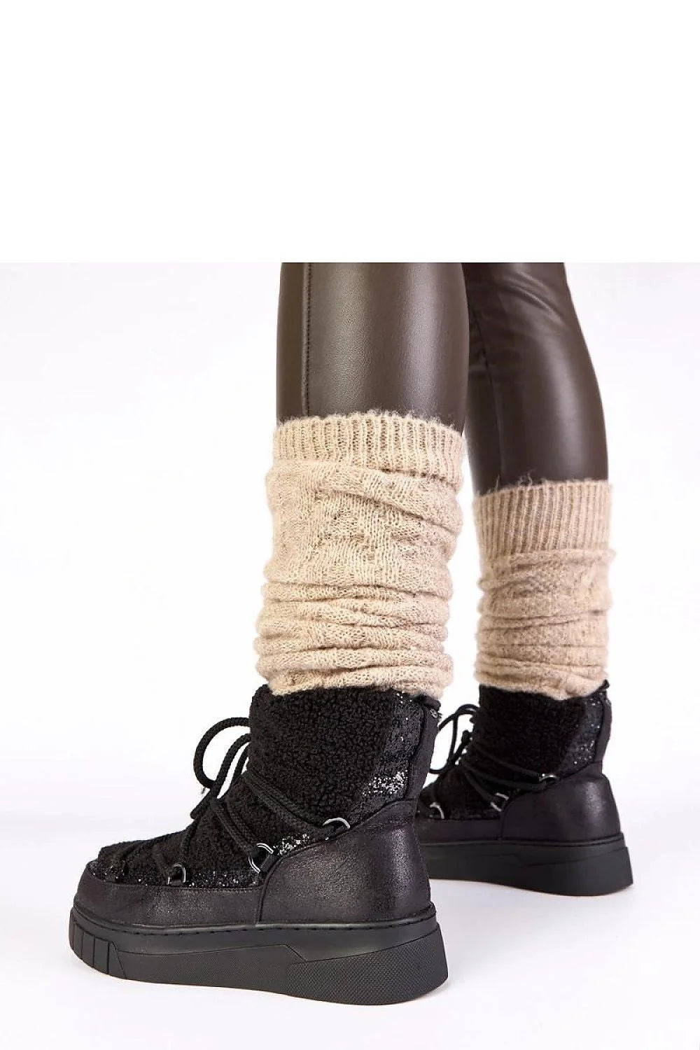 bottes neige noires doublées fourrure paillettes Esmee Gemre femme montantes sherpa simili cuir laçage cordons semelle plateforme crantée