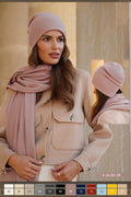 Ensemble chic pour femmes veste courte ajustée bonnet écharpe laine rose poudré beige clair hiver automne mode élégant