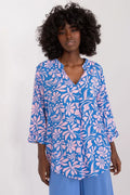 Chemisier pour femme avec motif floral abstrait, col V, manches 3/4, tissu doux en viscose, style décontracté, couleur bleu vif et rose pâle